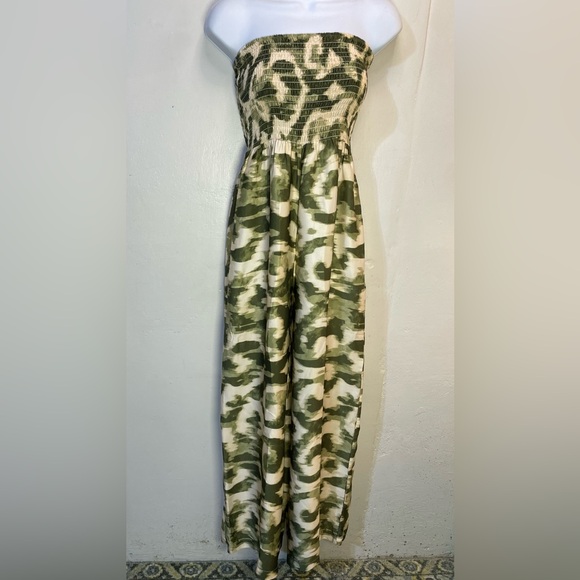 Ganni Pants - #0194-Made in Italy Green and Cream Strapless Jumpsuit